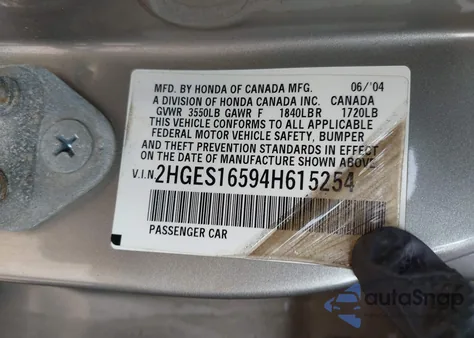 2004 Honda Civic Lx из США, поврежденный, VIN 2HGES16594H615254